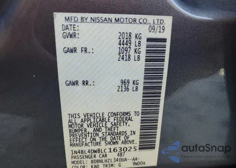 2020 Nissan Altima Sv from USA, damaged, VIN 1N4BL4DW8LC163025